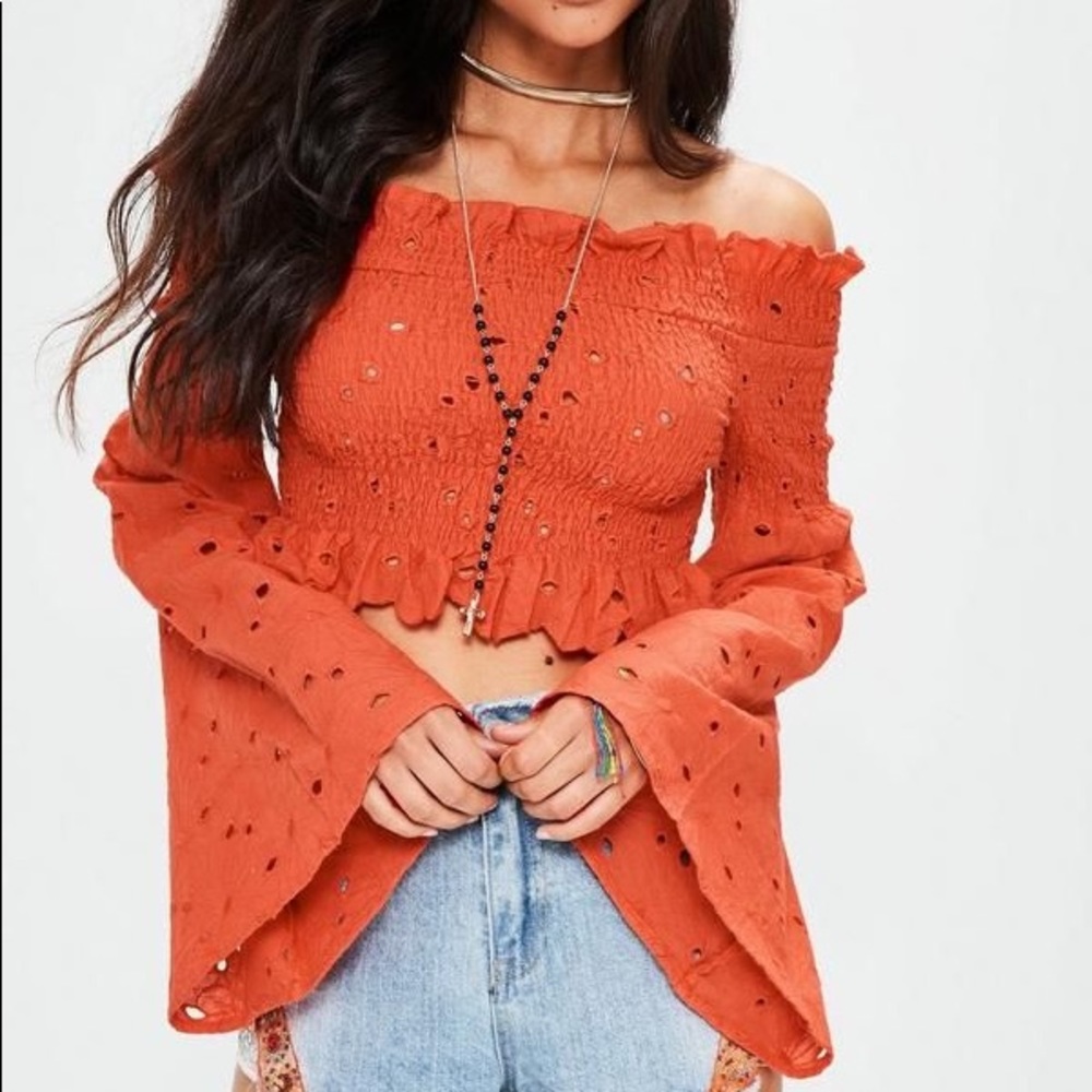 Missguided Extreme Sleeve Shirred Embroidered Top